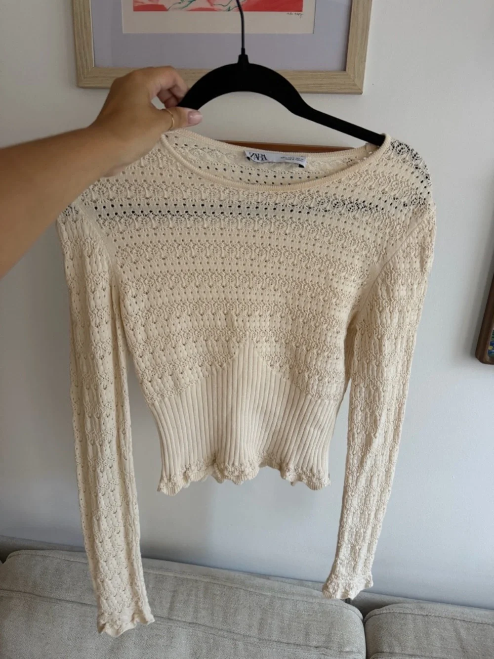 Zara Cream Scalloped Knit Long-Sleeve Top